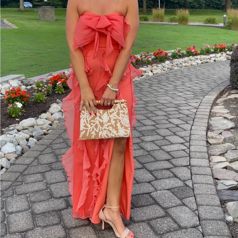 Strapless Coral Ruffle Maxi Dress